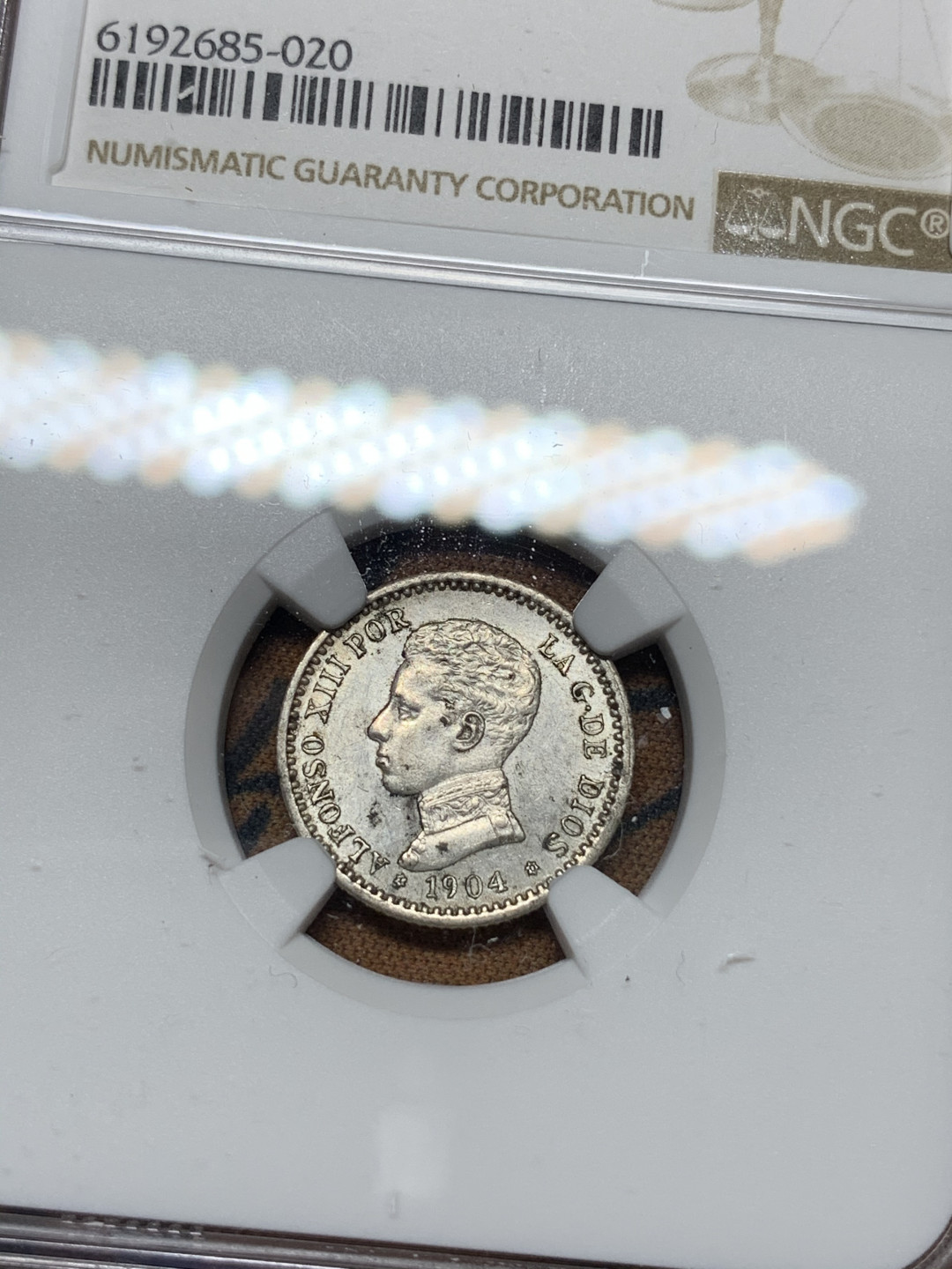 《竞宝斋》钱币微拍-第21场-本周日，周一2场连拍（全场顺丰包邮） NGC-MS62 西班牙1904年 PCV(较少的版式) 阿方索十三世 50分银币 好品