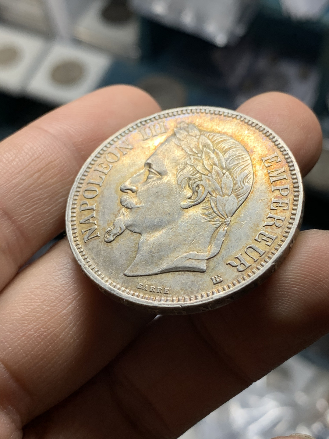 《竞宝斋》钱币微拍-第21场-本周日，周一2场连拍（全场顺丰包邮） 法国1869-BB年拿破仑三世5法郎金色包浆