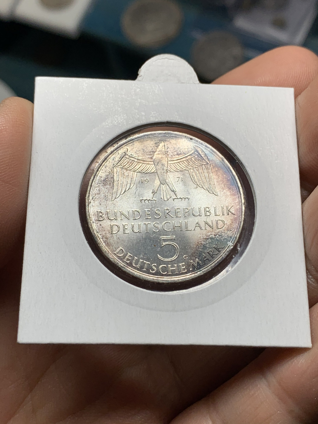 《竞宝斋》钱币微拍-第21场-本周日，周一2场连拍（全场顺丰包邮） 德国 1971年 帝国百年纪念 银币 重11.2g 鹰面紫黑环彩 卷拆品质