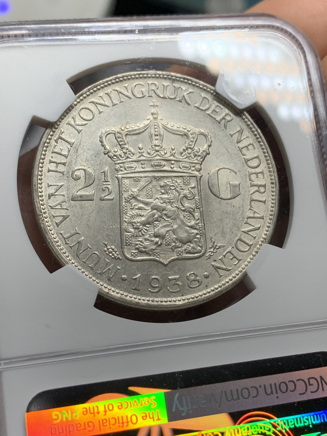 《竞宝斋》钱币微拍-第21场-本周日，周一2场连拍（全场顺丰包邮） NGC-MS61 荷兰 1938年 威廉米娜2.5盾 大银币 好品原光