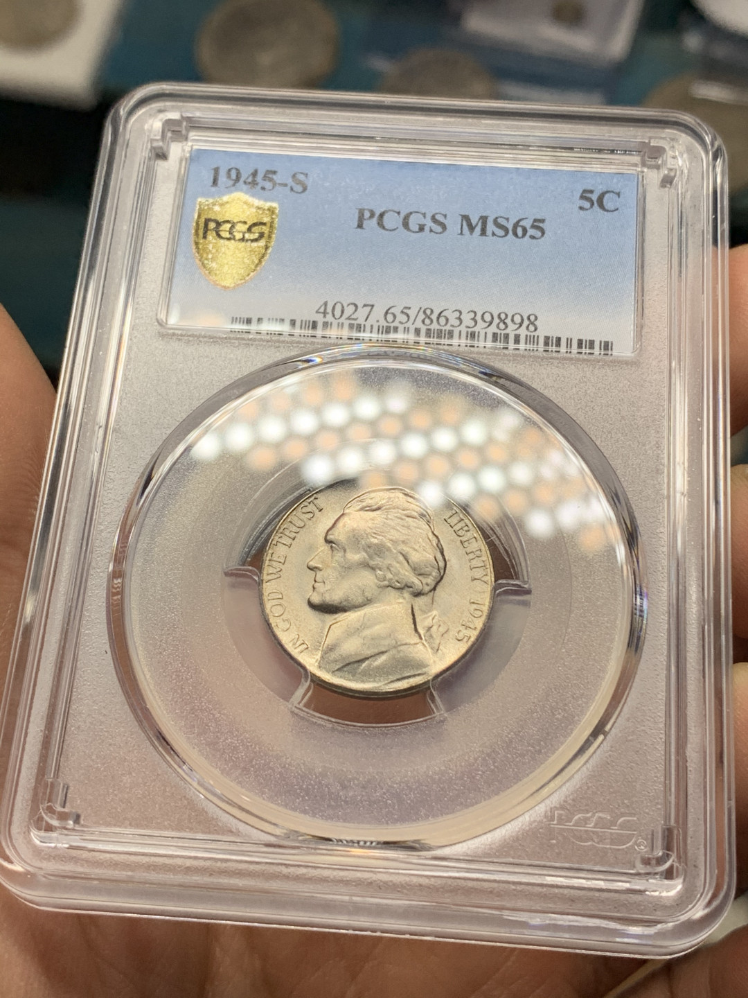 《竞宝斋》钱币微拍-第21场-本周日，周一2场连拍（全场顺丰包邮） PCGS-MS65 美国 1945年 杰弗逊战时五美分 （1942-1945战时低银版）