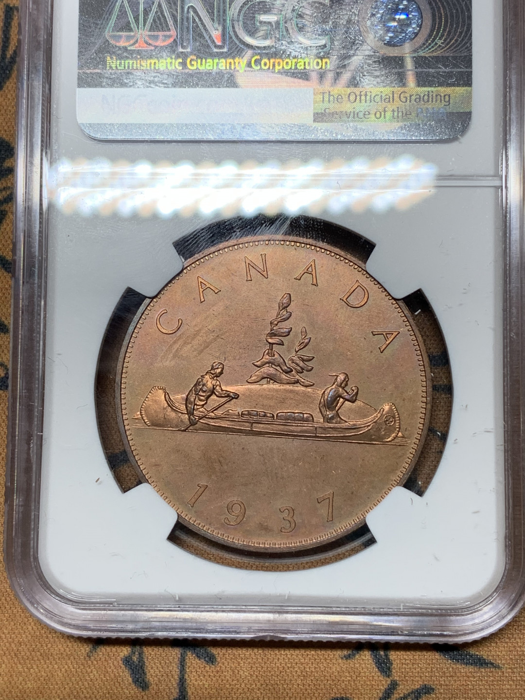 《竞宝斋》钱币微拍-第21场-本周日，周一2场连拍（全场顺丰包邮） NGC-PF66RBCAMEO  1937（2000）后铸爱八加拿大铜币