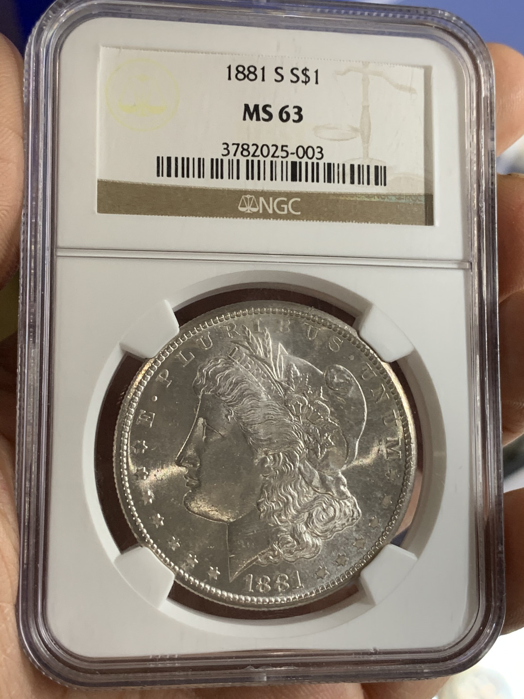 《竞宝斋》钱币微拍-第21场-本周日，周一2场连拍（全场顺丰包邮） 美国 1881年 S版  MS63  摩根银元 白净如霜 底面如镜