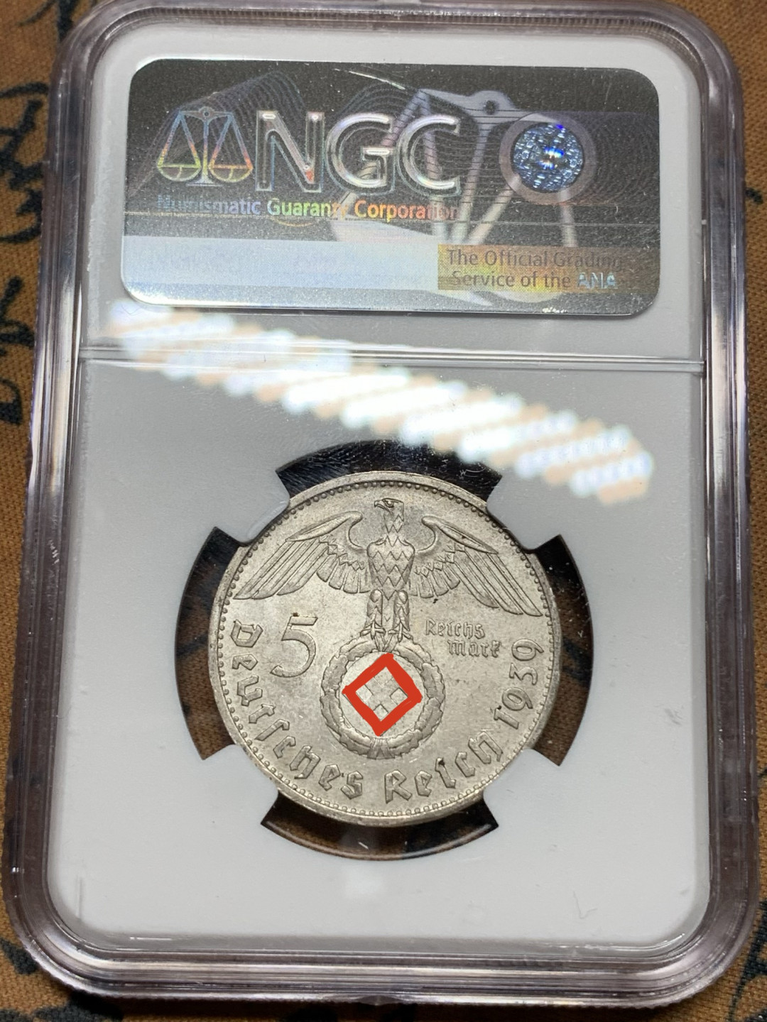 《竞宝斋》钱币微拍-第21场-本周日，周一2场连拍（全场顺丰包邮） NGC-MS61 德国1939-B年 兴登堡 5马克 银币 原光好品