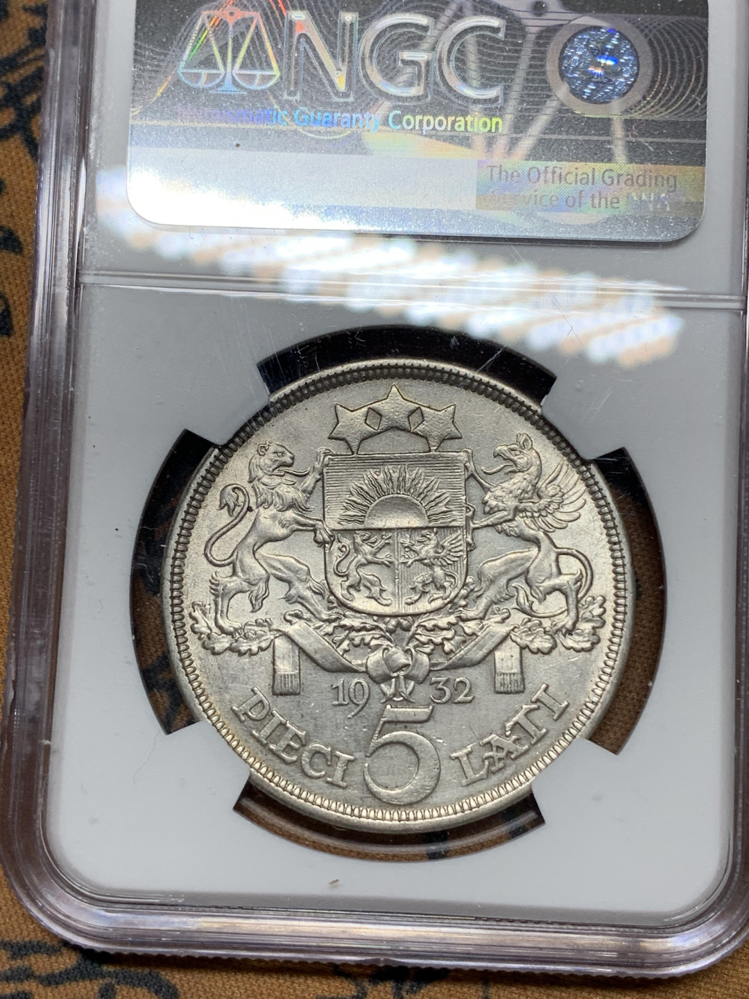 《竞宝斋》钱币微拍-第21场-本周日，周一2场连拍（全场顺丰包邮） NGC-UNC 拉脱维亚 1932年 5L 大银币 原光好品 