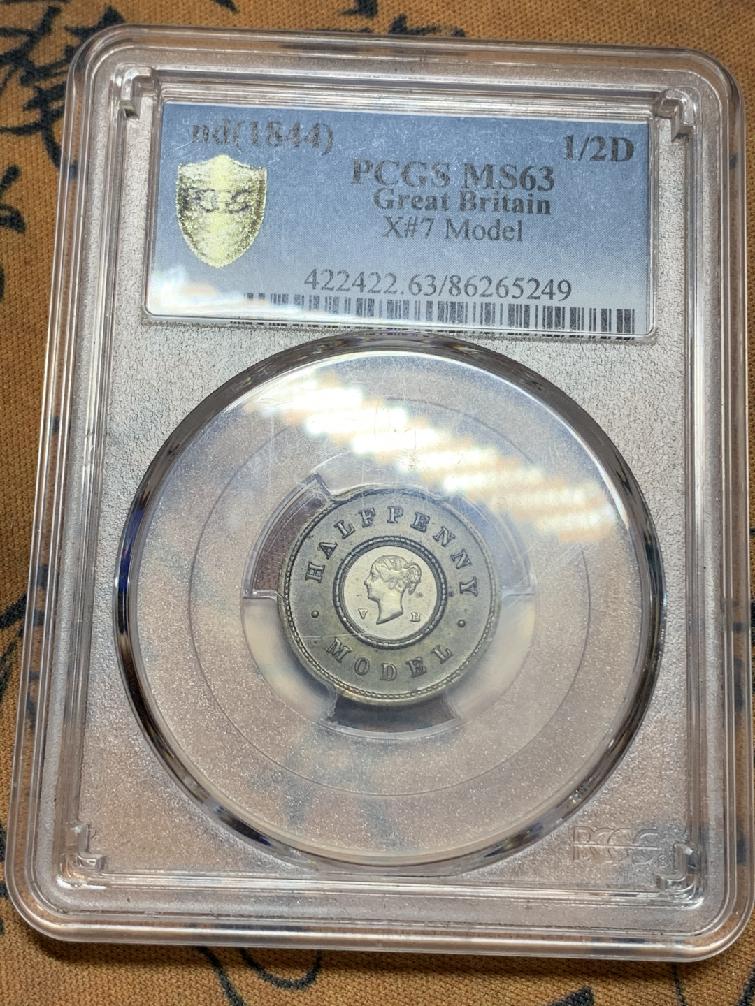 《竞宝斋》钱币微拍-第21场-本周日，周一2场连拍（全场顺丰包邮） PGCS MS63 英国1844年  双色 1/2便士 样币 高分难得