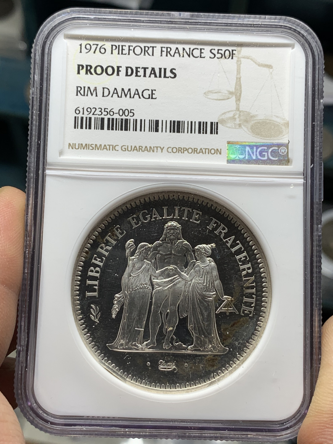 《竞宝斋》钱币微拍-第21场-本周日，周一2场连拍（全场顺丰包邮） NGC-PROOFD 法国1976年大力神 加厚(PIEFORT) 50法郎 大银币 精制PROOF 非常稀少