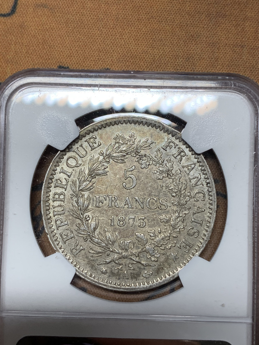 《竞宝斋》钱币微拍-第21场-本周日，周一2场连拍（全场顺丰包邮） NGC-AU50 法国 1873年 大力神 5法郎 大银币