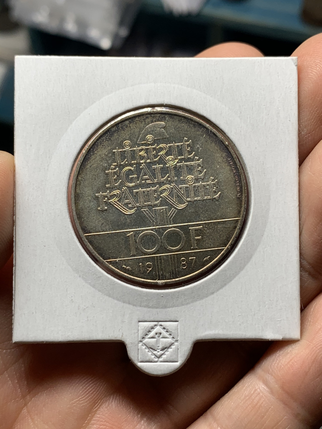 《竞宝斋》钱币微拍-第21场-本周日，周一2场连拍（全场顺丰包邮） 法国 1987年 拉法耶特纪念银币 100法郎 双面金色包浆