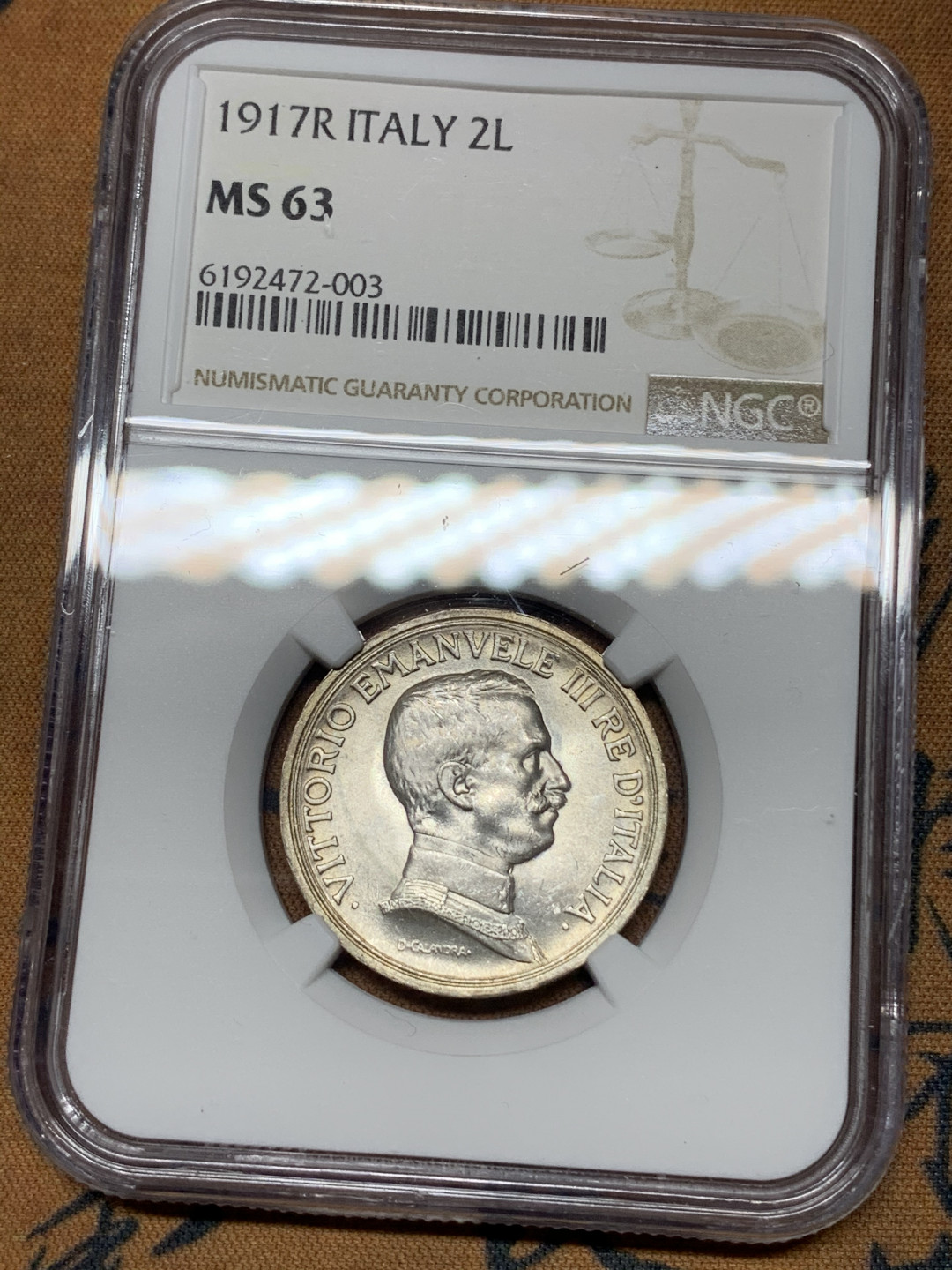 《竞宝斋》钱币微拍-第21场-本周日，周一2场连拍（全场顺丰包邮） NGC-MS63 意大利 1917年 马车2里拉 特年好品