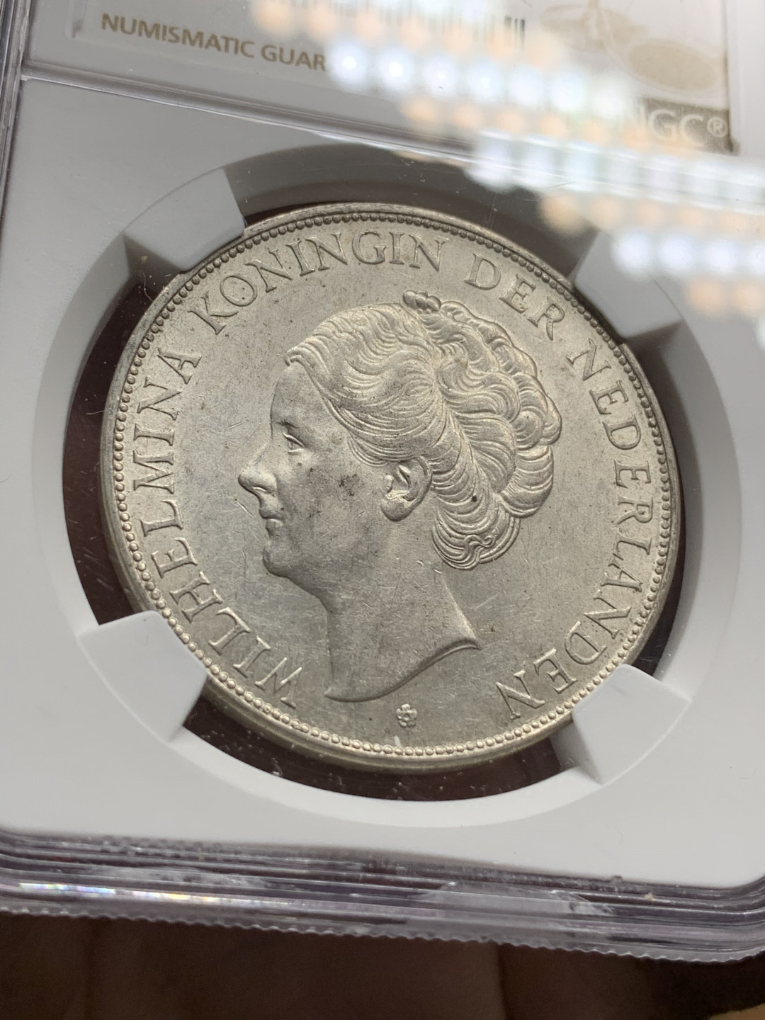 《竞宝斋》钱币微拍-第21场-本周日，周一2场连拍（全场顺丰包邮） NGC-MS61 荷兰 1938年 威廉米娜2.5盾 大银币 好品原光