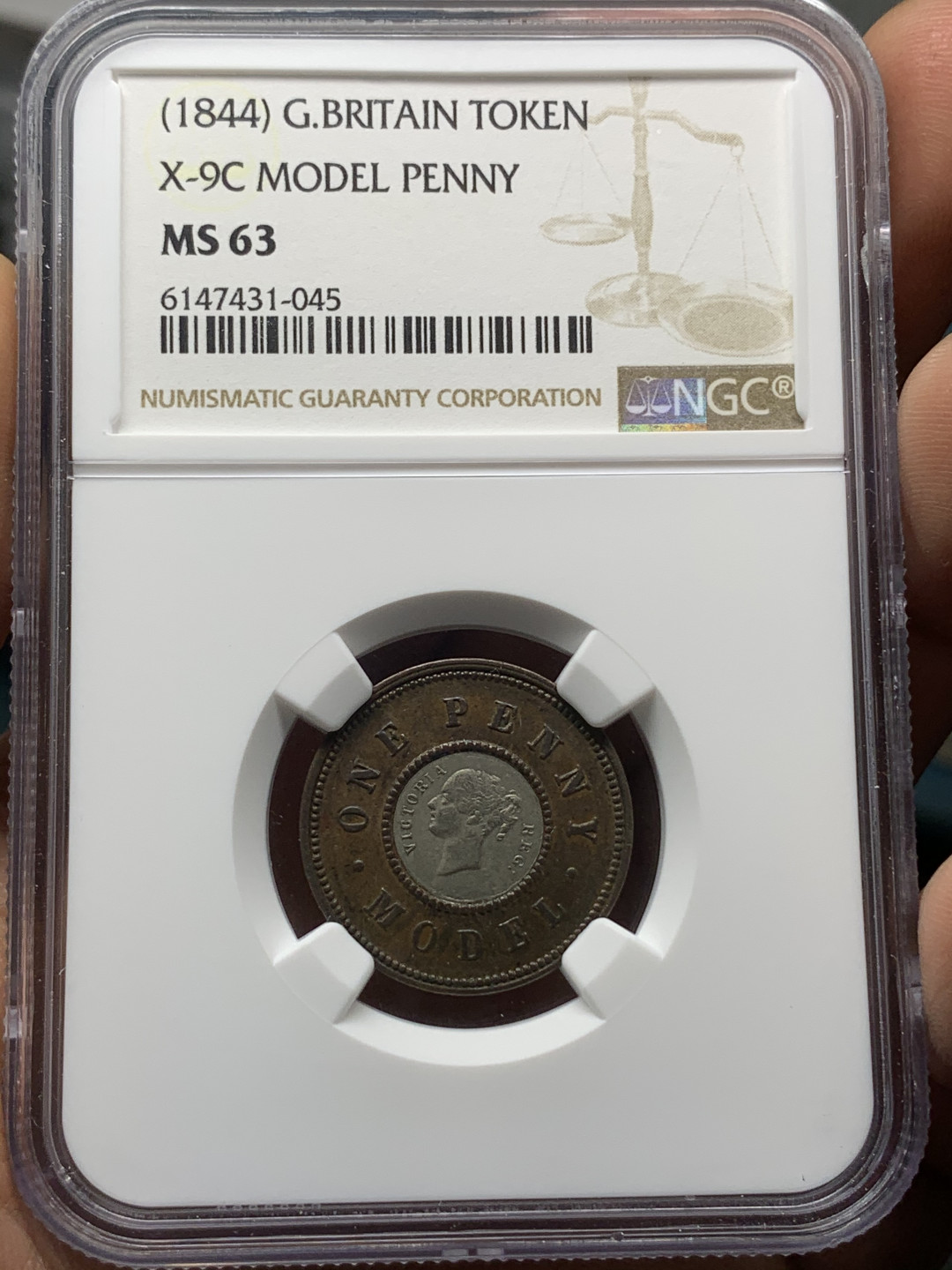 《竞宝斋》钱币微拍-第21场-本周日，周一2场连拍（全场顺丰包邮） NGC MS63 英国1844年  双色 1便士 样币 高分难得