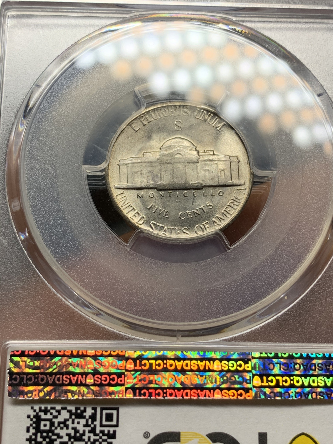 《竞宝斋》钱币微拍-第21场-本周日，周一2场连拍（全场顺丰包邮） PCGS-MS65 美国 1945年 杰弗逊战时五美分 （1942-1945战时低银版）