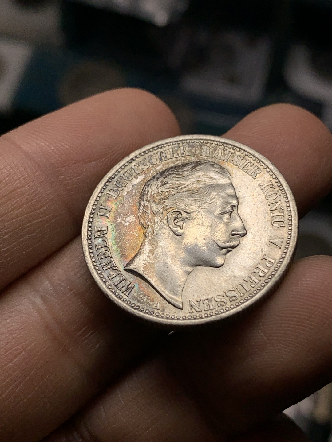 《竞宝斋》钱币微拍-第21场-本周日，周一2场连拍（全场顺丰包邮） 1905年 德意志帝国威廉二世2马克银币，好品相，转光