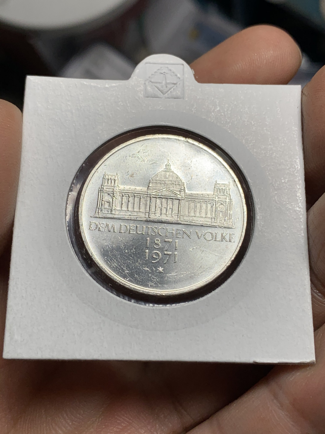 《竞宝斋》钱币微拍-第21场-本周日，周一2场连拍（全场顺丰包邮） 德国 1971年 帝国百年纪念 银币 重11.2g 鹰面紫黑环彩 卷拆品质