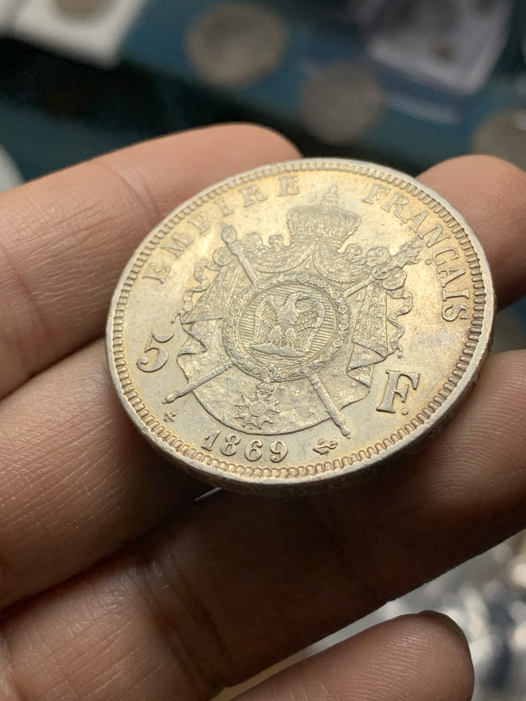 《竞宝斋》钱币微拍-第21场-本周日，周一2场连拍（全场顺丰包邮） 法国1869-BB年拿破仑三世5法郎金色包浆