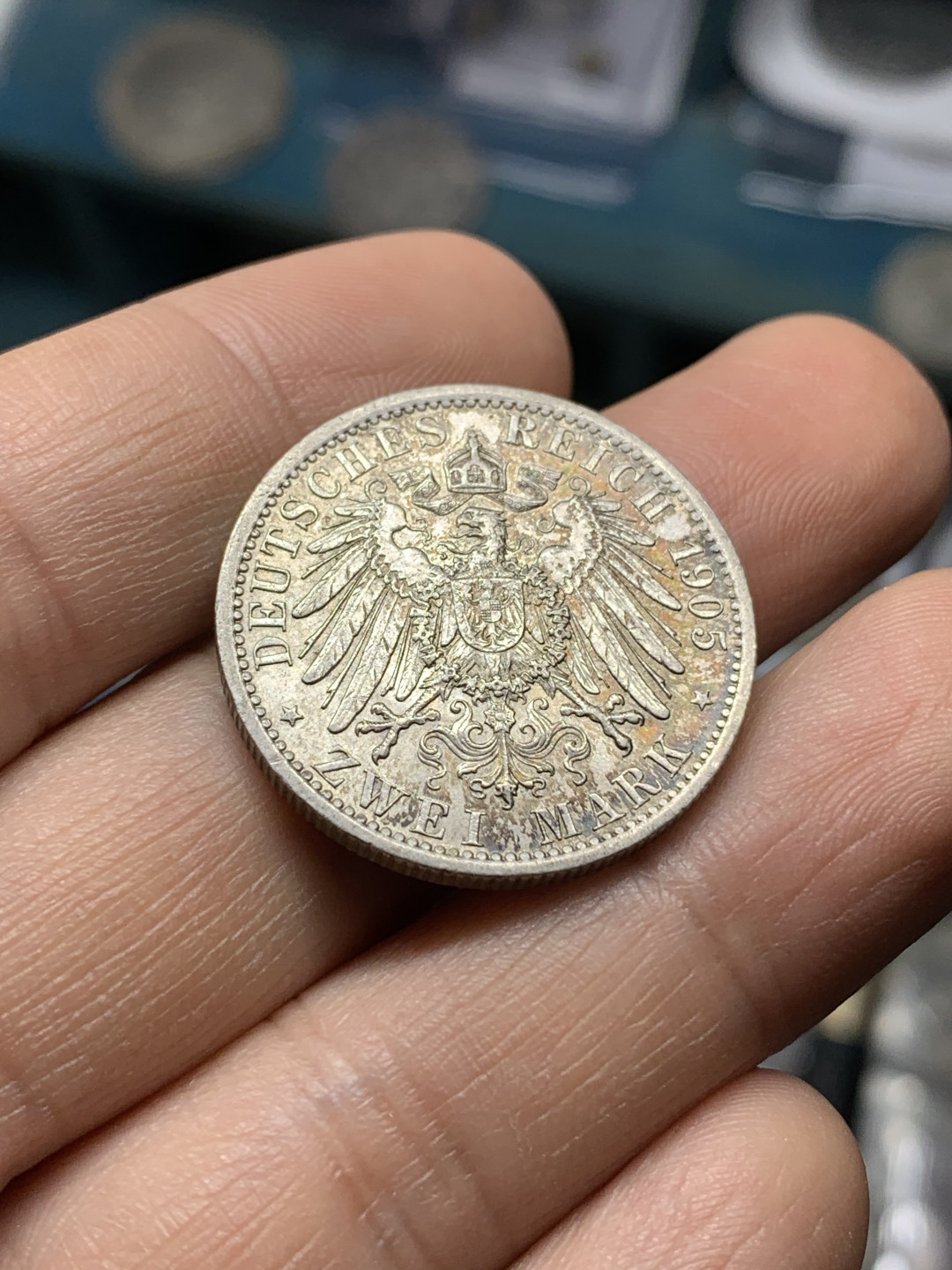 《竞宝斋》钱币微拍-第21场-本周日，周一2场连拍（全场顺丰包邮） 1905年 德意志帝国威廉二世2马克银币，好品相，转光