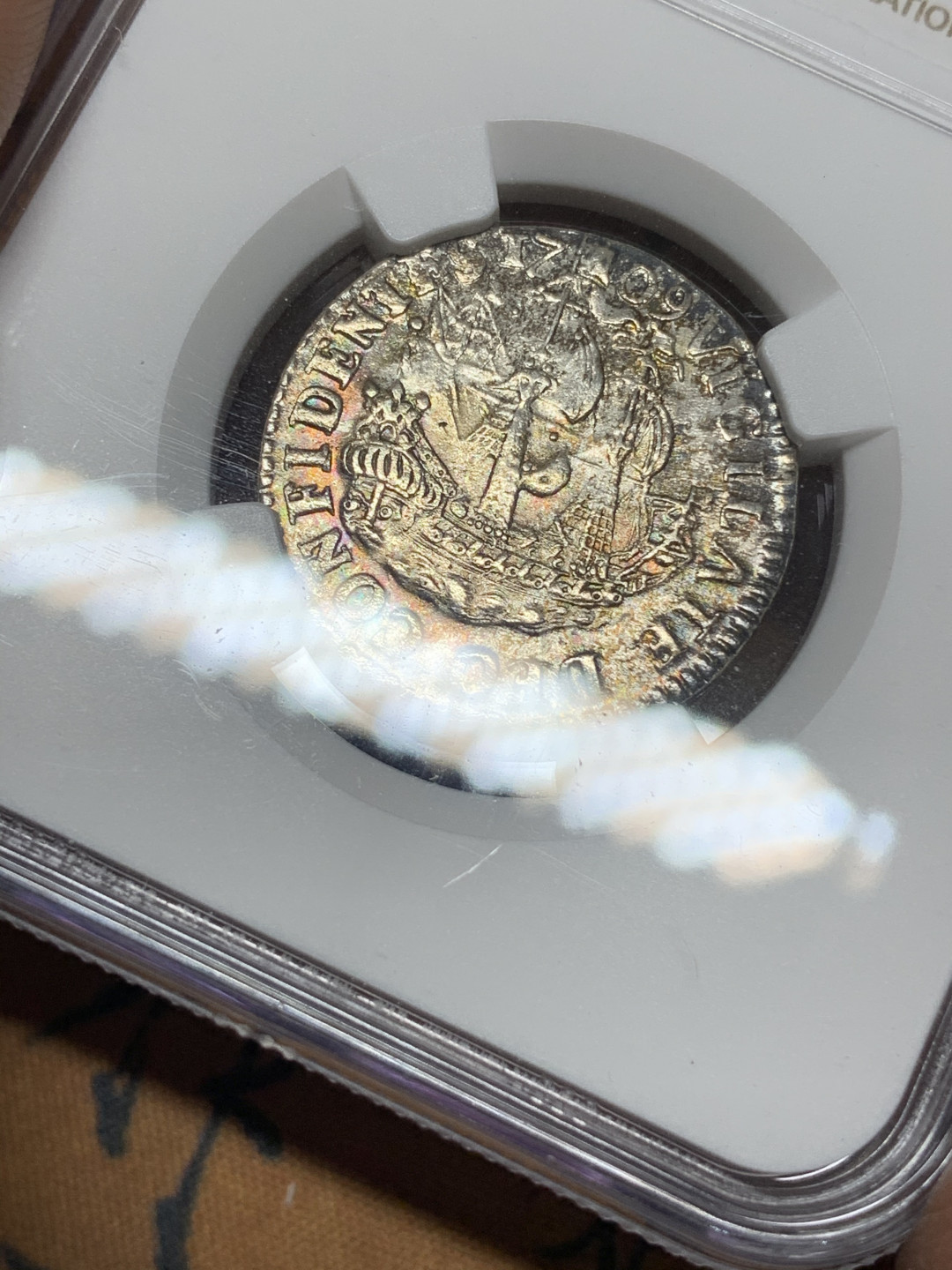 《竞宝斋》钱币微拍-第21场-本周日，周一2场连拍（全场顺丰包邮） NGC-UNC 荷兰 1709年 帆船 6S 好品带彩 银币 稀少品种