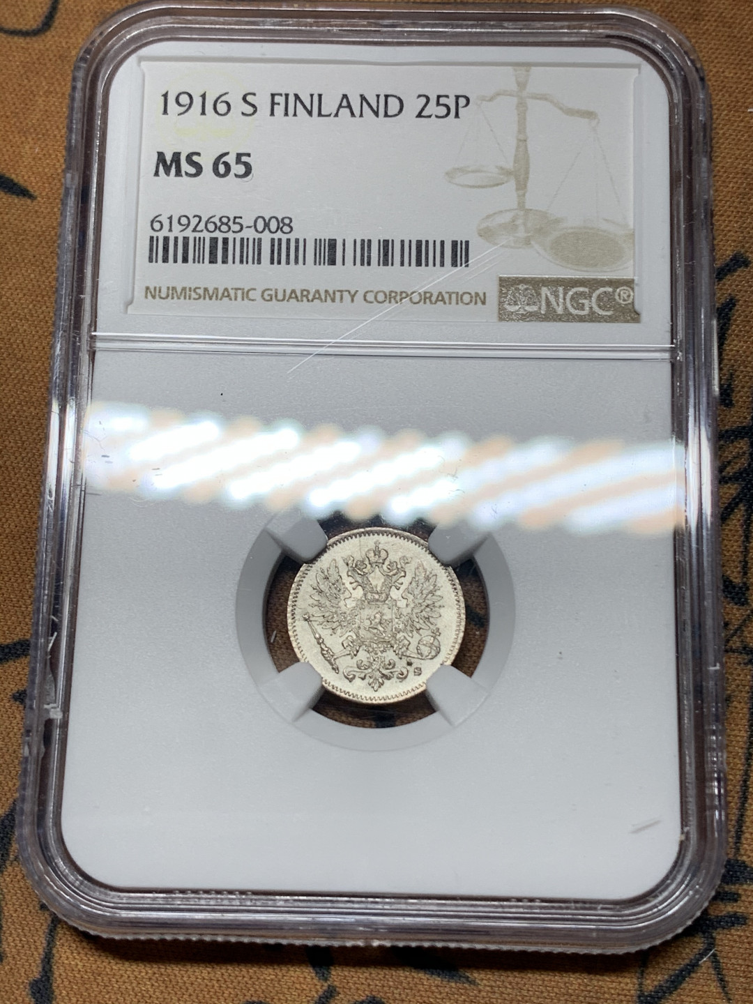 《竞宝斋》钱币微拍-第21场-本周日，周一2场连拍（全场顺丰包邮） NGC-MS65 俄属芬兰 1916年 25分 双头鹰 银币 顶级状态