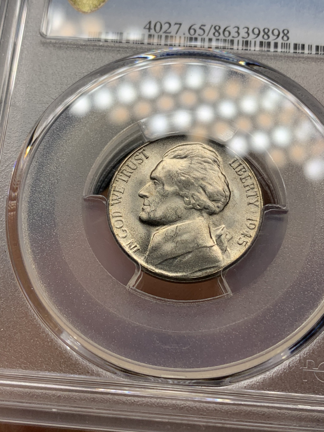 《竞宝斋》钱币微拍-第21场-本周日，周一2场连拍（全场顺丰包邮） PCGS-MS65 美国 1945年 杰弗逊战时五美分 （1942-1945战时低银版）