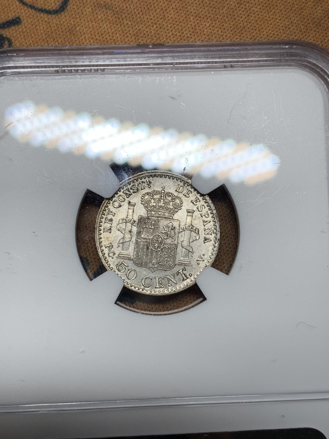 《竞宝斋》钱币微拍-第21场-本周日，周一2场连拍（全场顺丰包邮） NGC-MS62 西班牙1904年 PCV(较少的版式) 阿方索十三世 50分银币 好品