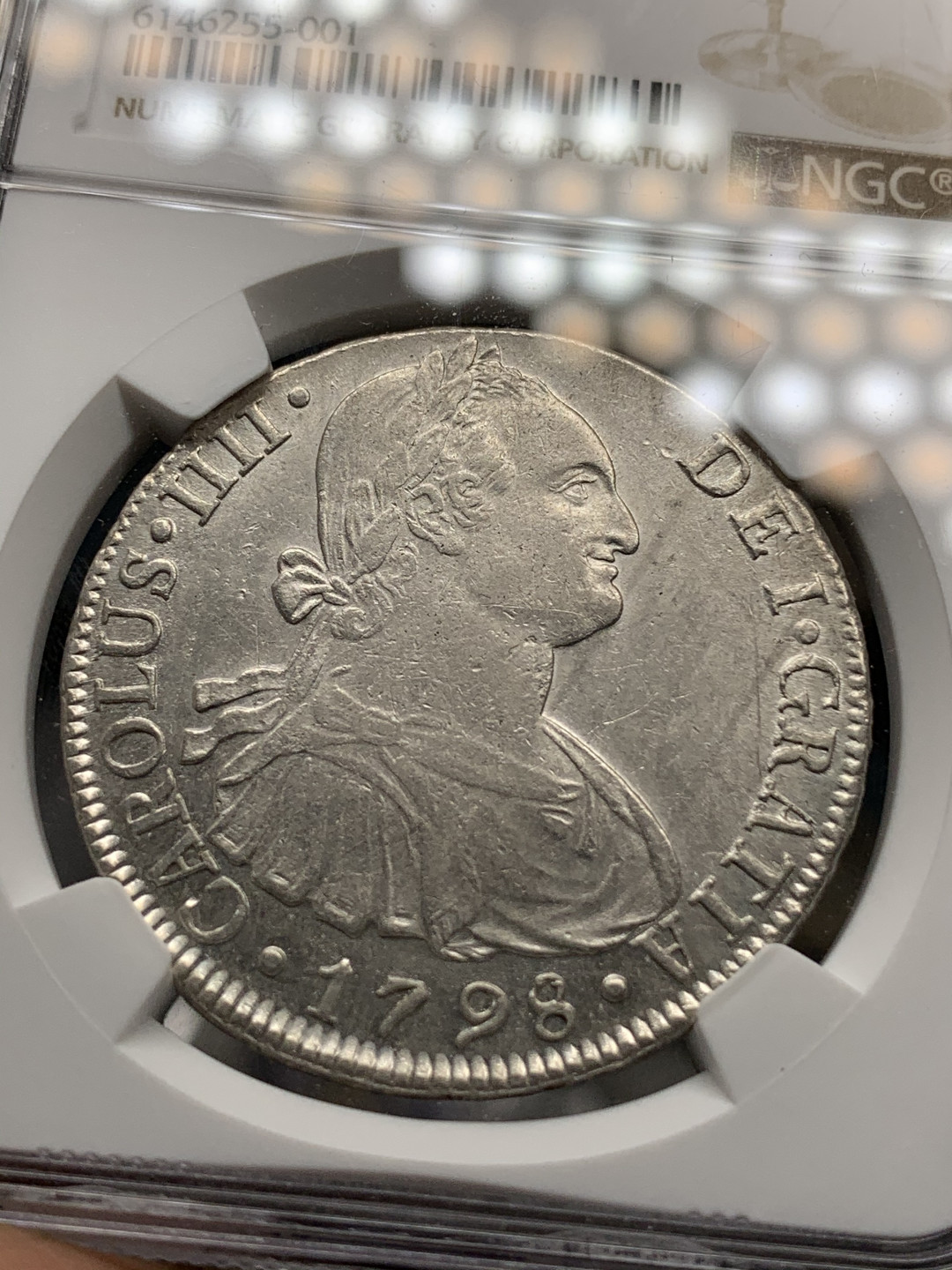 《竞宝斋》钱币微拍-第21场-本周日，周一2场连拍（全场顺丰包邮） NGC-AUD 秘鲁1798年 8 里亚尔  人像双柱卡洛斯四世  银币      原味