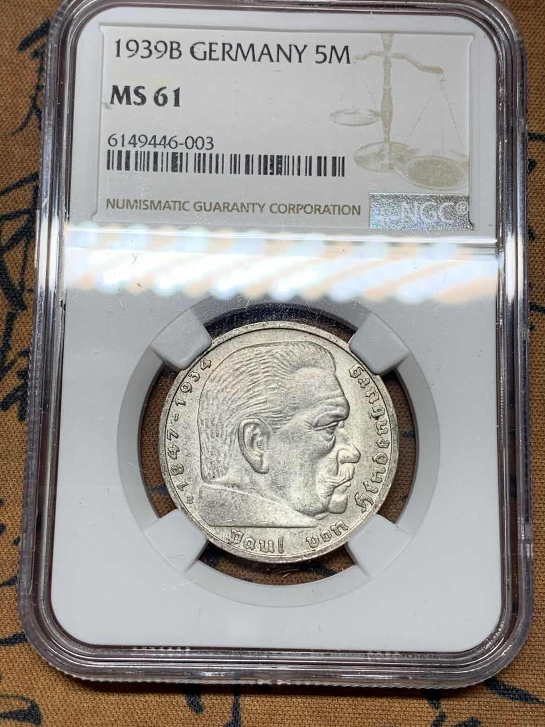 《竞宝斋》钱币微拍-第21场-本周日，周一2场连拍（全场顺丰包邮） NGC-MS61 德国1939-B年 兴登堡 5马克 银币 原光好品