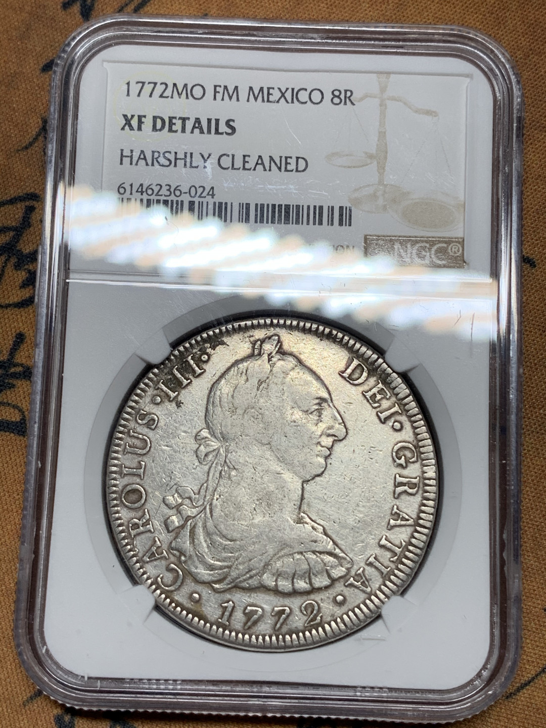 《竞宝斋》钱币微拍-第21场-本周日，周一2场连拍（全场顺丰包邮） NGC-XFD  1772  西属墨西哥 卡洛斯三世首年 反字母    8里亚尔  原味  低评