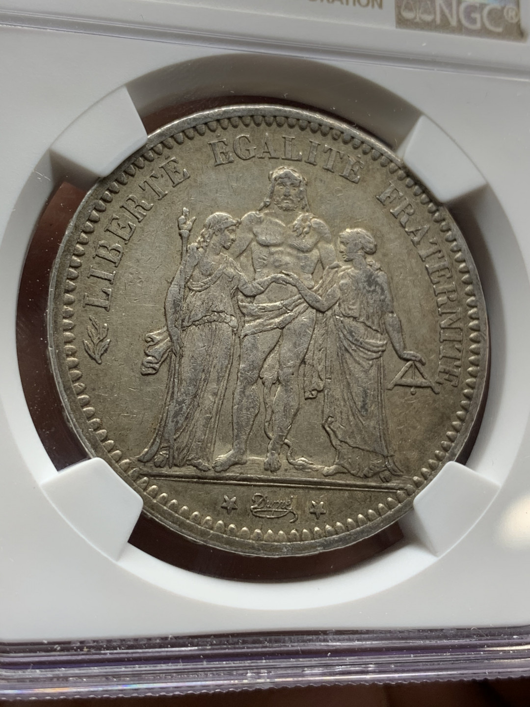 《竞宝斋》钱币微拍-第21场-本周日，周一2场连拍（全场顺丰包邮） NGC-AU50 法国 1873年 大力神 5法郎 大银币