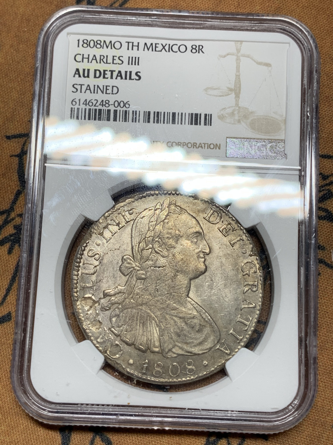 《竞宝斋》钱币微拍-第21场-本周日，周一2场连拍（全场顺丰包邮） NGC-AUD 墨西哥 1808年 8 里亚尔  人像双柱卡洛斯四世  银币      原味