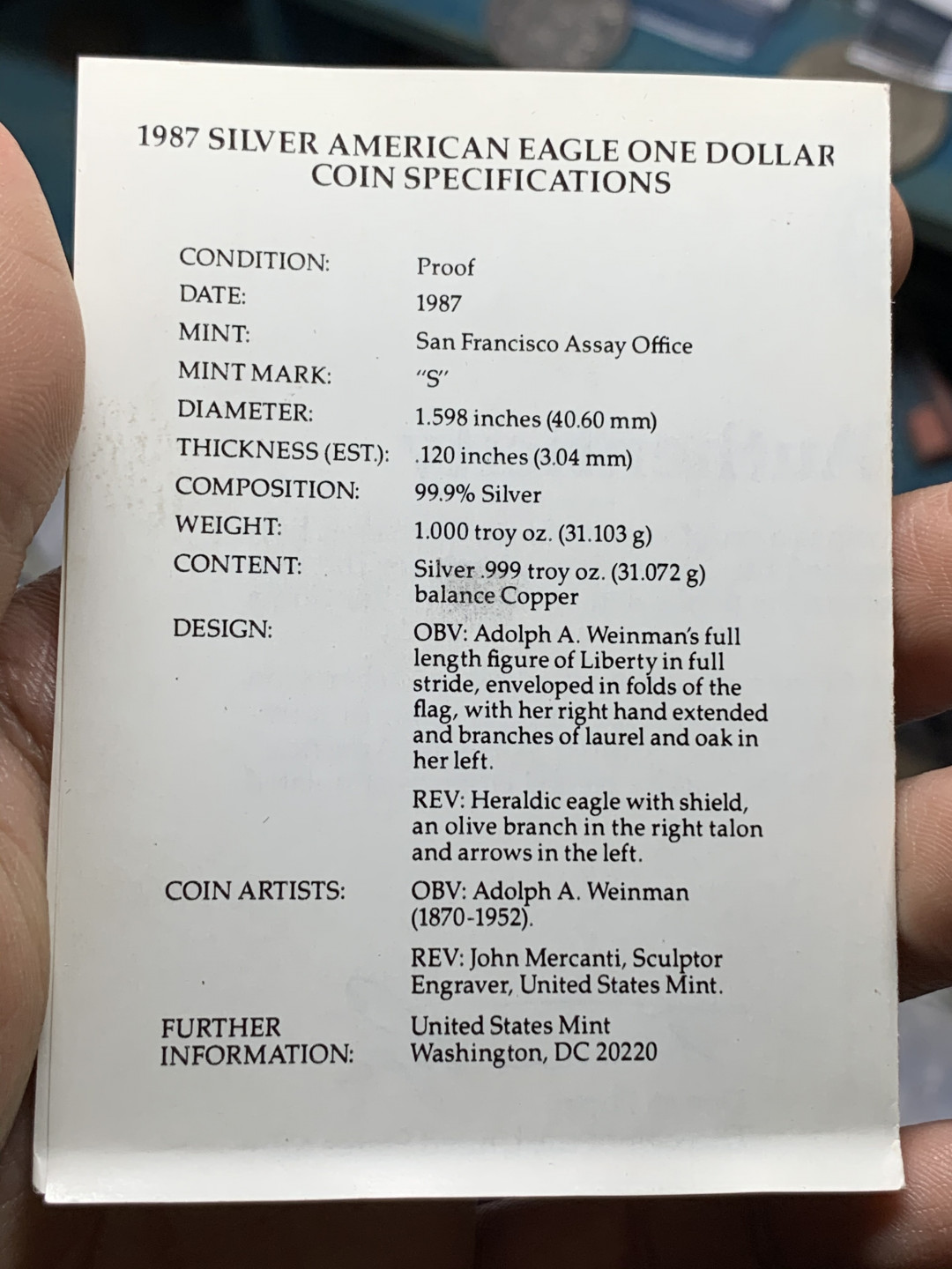 《竞宝斋》钱币微拍-第21场-本周日，周一2场连拍（全场顺丰包邮） 美国 1987年 1美元 行走女神精制银币 原盒证书