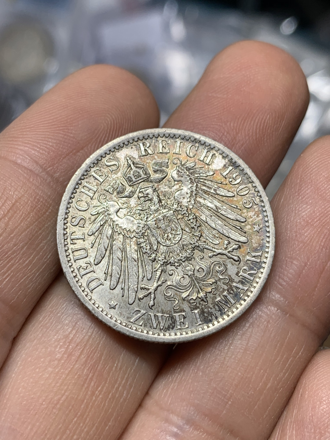 《竞宝斋》钱币微拍-第21场-本周日，周一2场连拍（全场顺丰包邮） 1905年 德意志帝国威廉二世2马克银币，好品相，转光