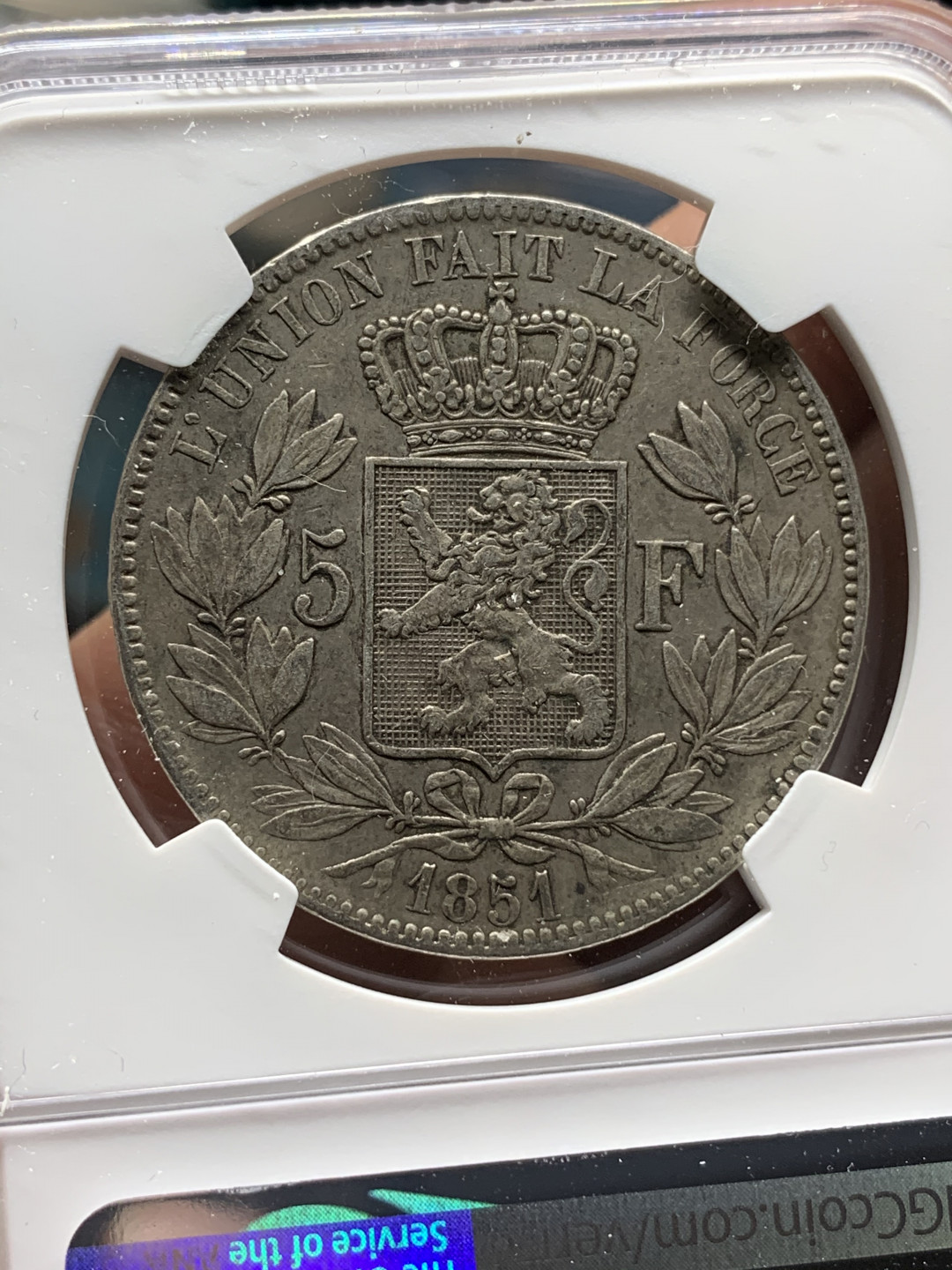 《竞宝斋》钱币微拍-第21场-本周日，周一2场连拍（全场顺丰包邮） NGC-XF45 比利时 1851年 小头短发版 5法郎 银币 原味难得