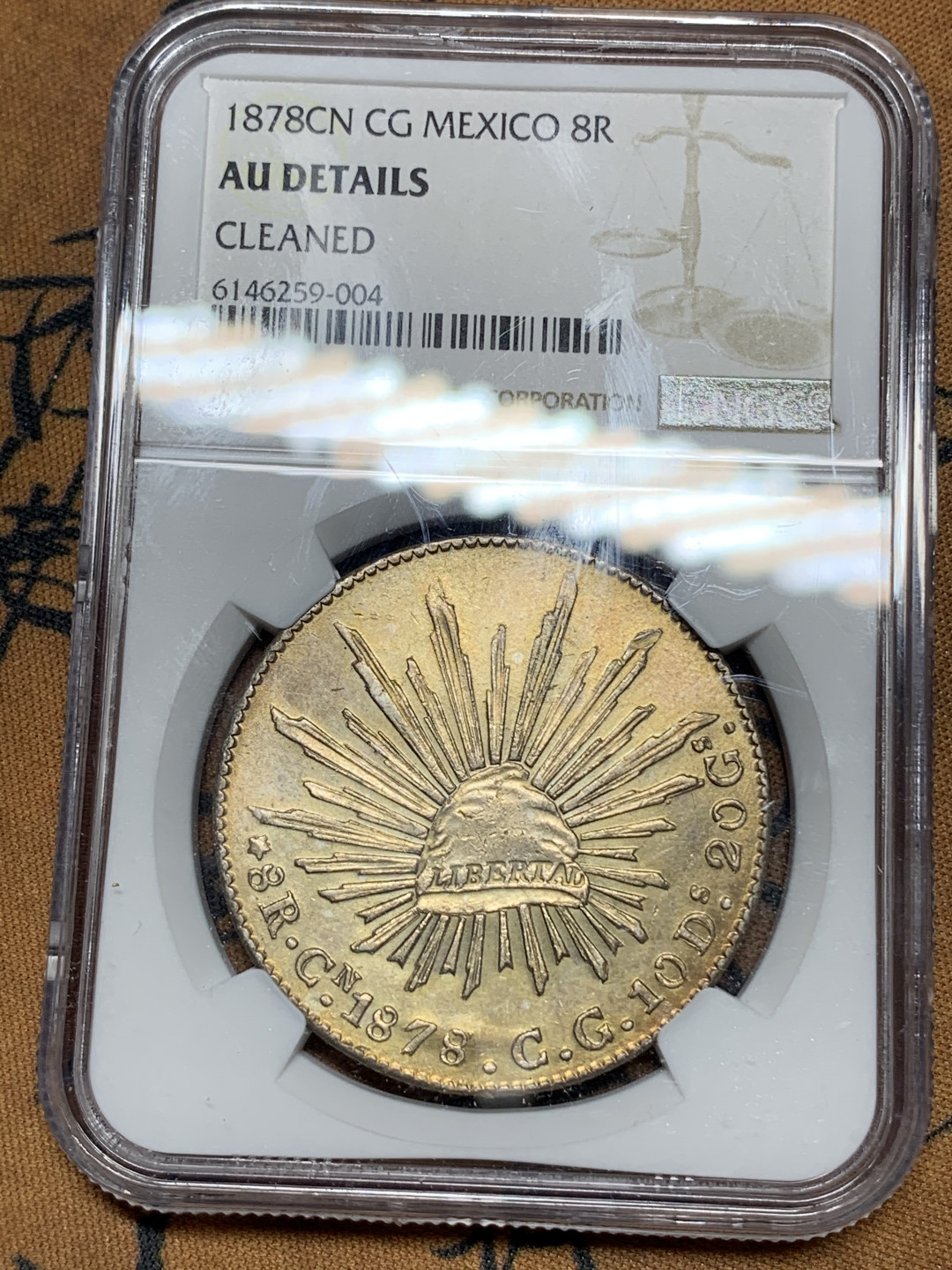 《竞宝斋》钱币微拍-第21场-本周日，周一2场连拍（全场顺丰包邮） NGC-AUD 墨西哥 1878年1877骑字，N没标出来 8 里亚尔  库利亚坎厂  银币  双面黄金包浆C厂中期老鹰 骑字老鹰