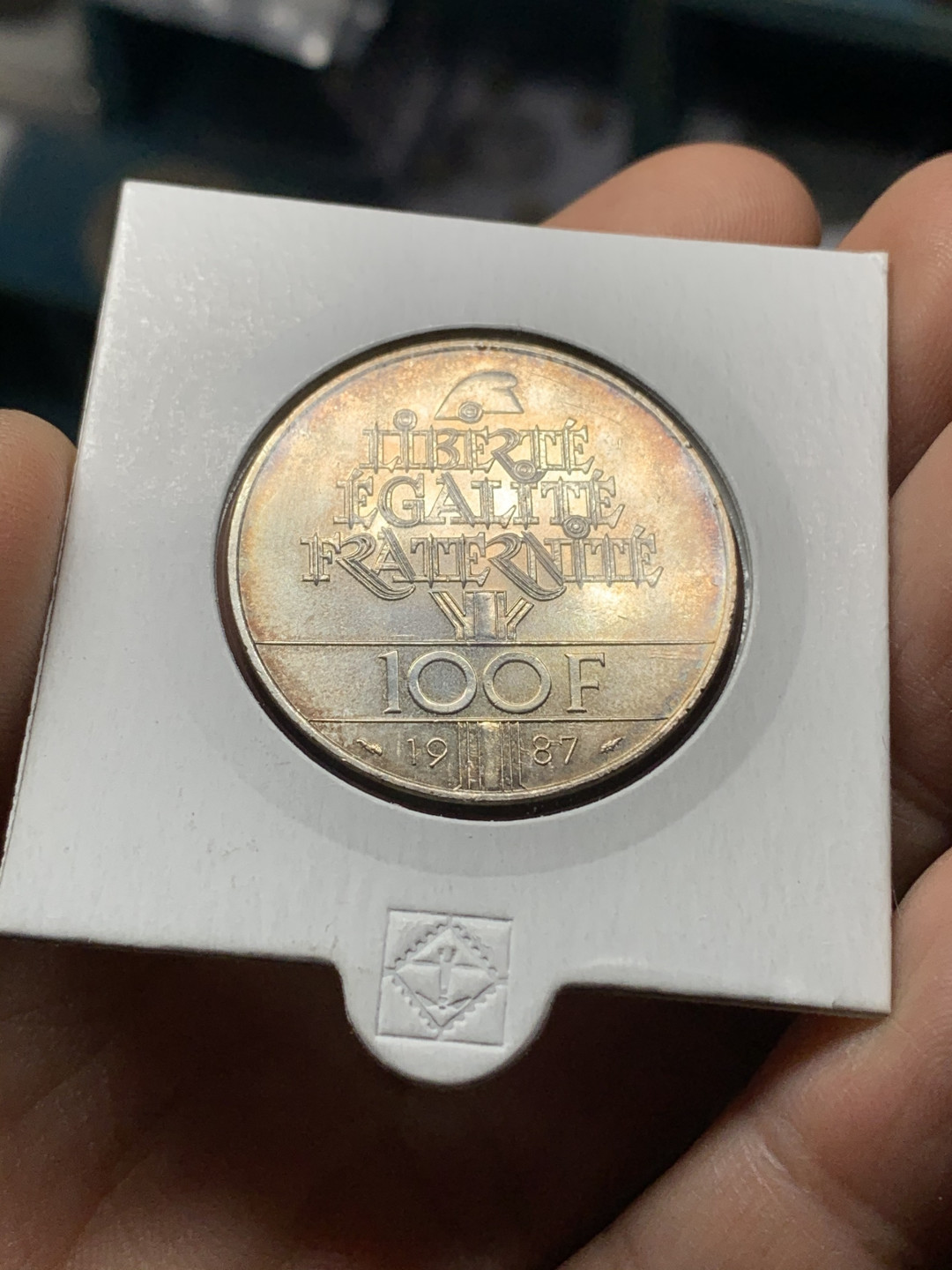 《竞宝斋》钱币微拍-第21场-本周日，周一2场连拍（全场顺丰包邮） 法国 1987年 拉法耶特纪念银币 100法郎 双面金色包浆