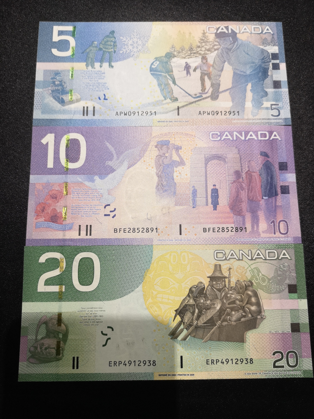 《外钞收藏家》第一百五十五期拍卖 双连拍第二场（本期59件）） 加拿大旅版一套3张 全新UNC 20是获奖币版本