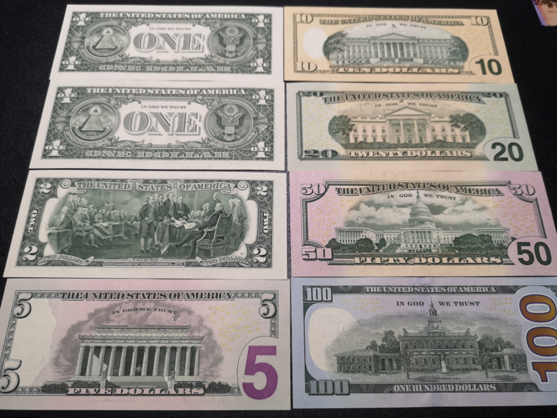 《外钞收藏家》第一百五十五期拍卖 双连拍第二场（本期59件）） 美元一套加1张1美元补号 共8张 全新UNC 严格检查一个角轻微荧光反应