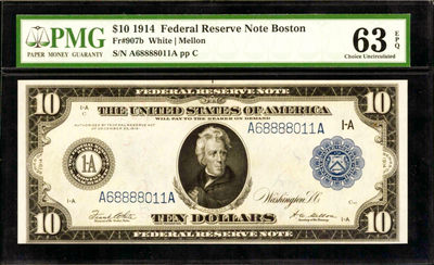 【Blue Auction】世界纸币精拍第147期——浪漫主义亚平宁（共88拍） - 【AA冠靓号68888011】美国 1914年10美金 PMG63EPQ 大票幅双面雕刻 精美 工业与农业主题