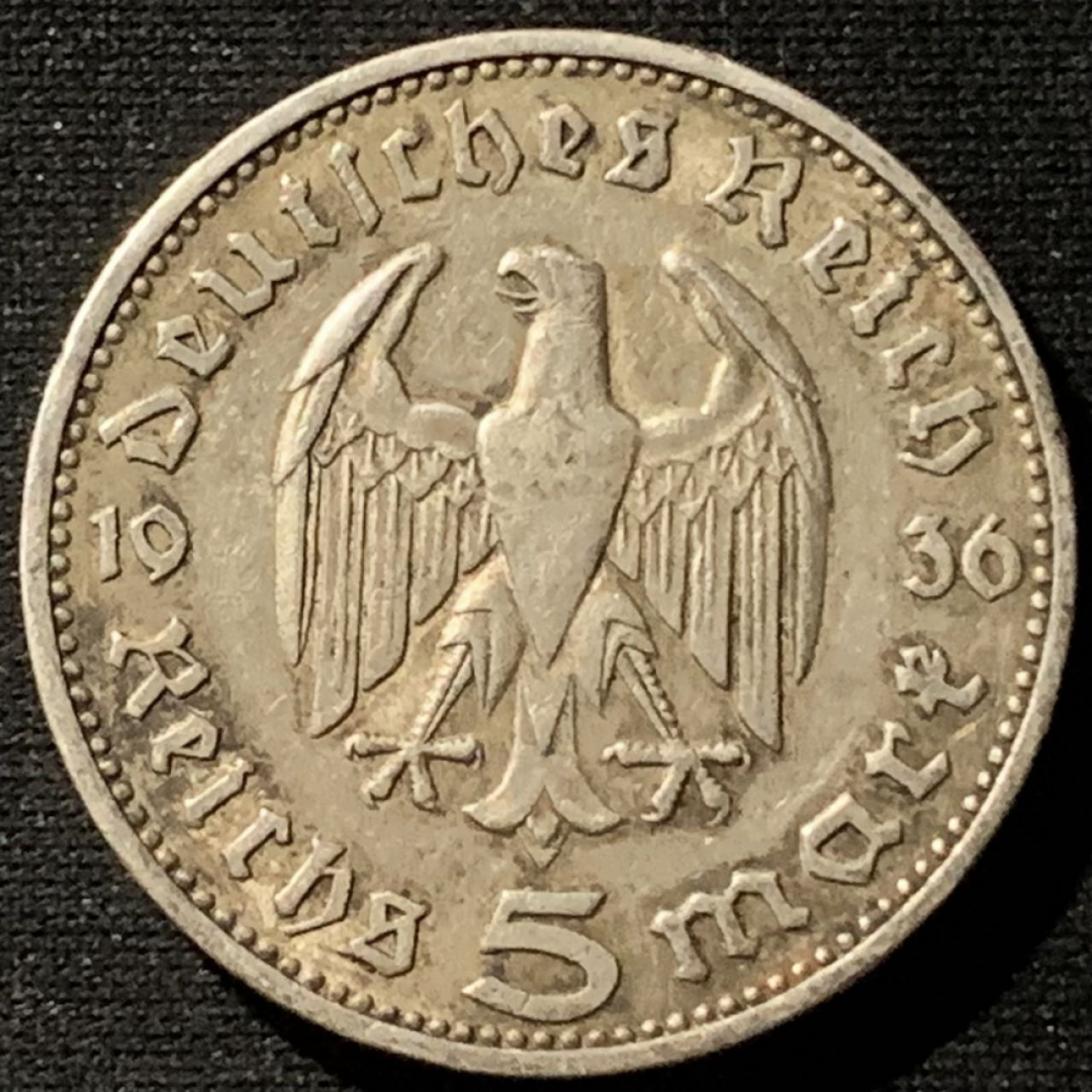 紫瑗钱币——第158期拍卖 德国 1936年 J版 兴登堡 5马克 13.9克 0.9银