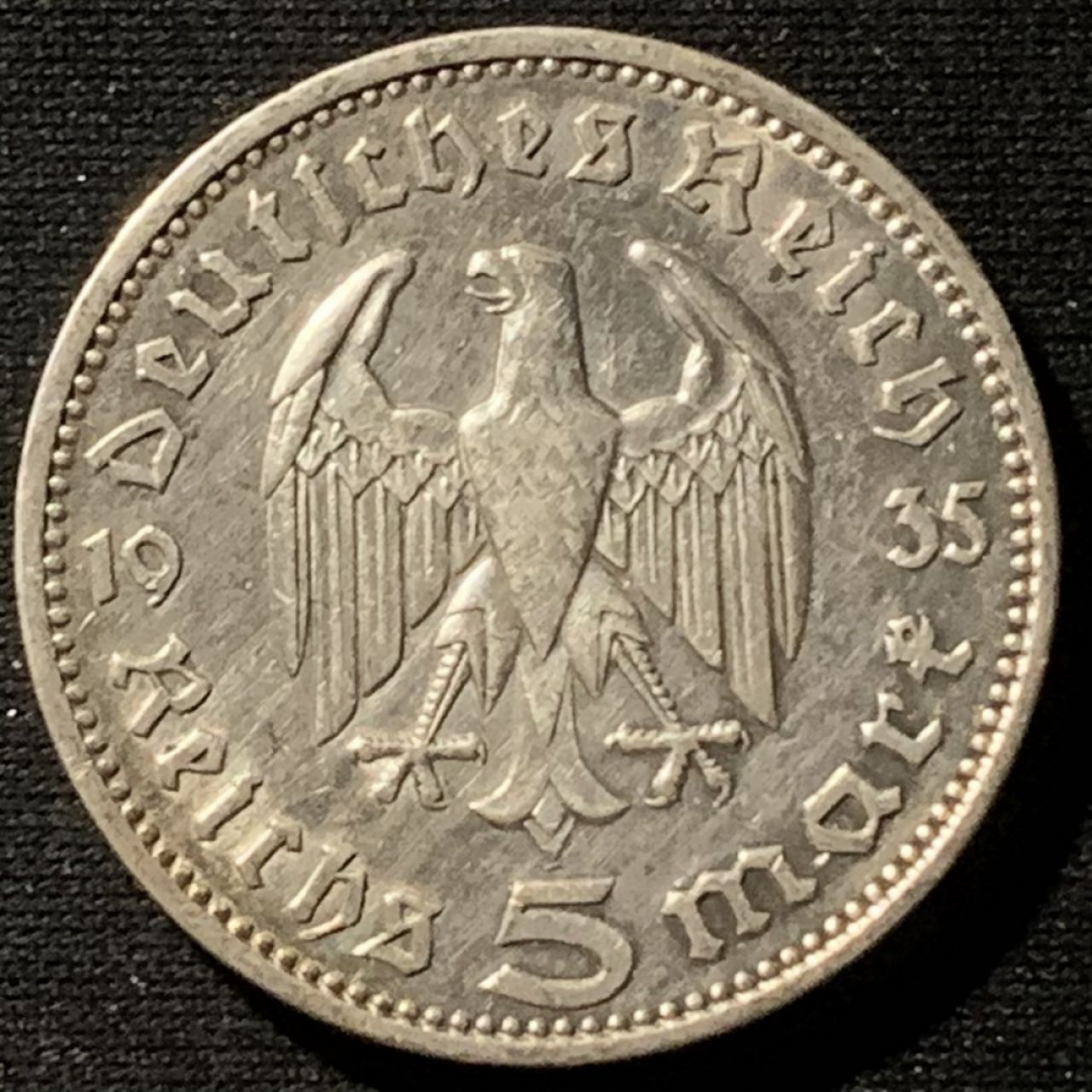紫瑗钱币——第158期拍卖 德国 1935年 J版 兴登堡 5马克 13.9克 0.9银