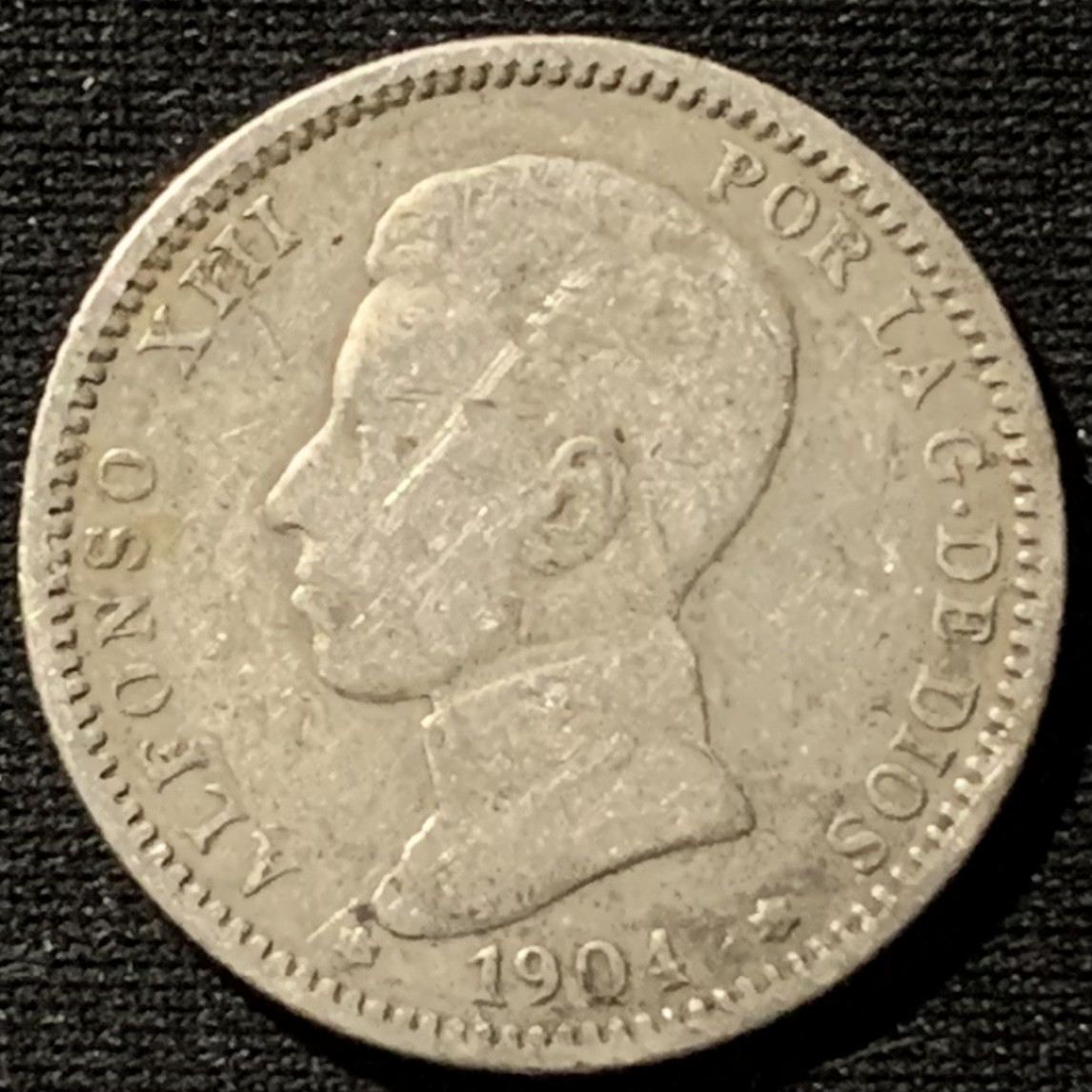 紫瑗钱币——第158期拍卖 西班牙 1904年 阿方索十三世 少年头 1比塞塔 5克 0.835银