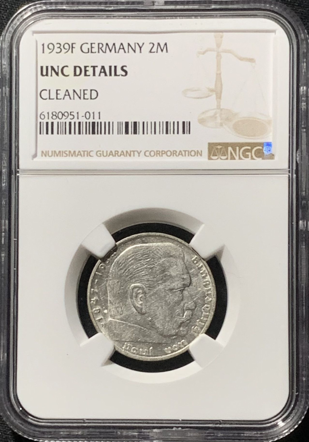 紫瑗钱币——第158期拍卖 德国 1939年 F版 兴登堡 字符版 2马克 银币 NGC UNC Detail