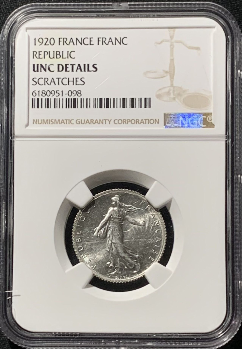 紫瑗钱币——第158期拍卖 法国 1920年 播种女神 1法郎 银币 NGC UNC Detail