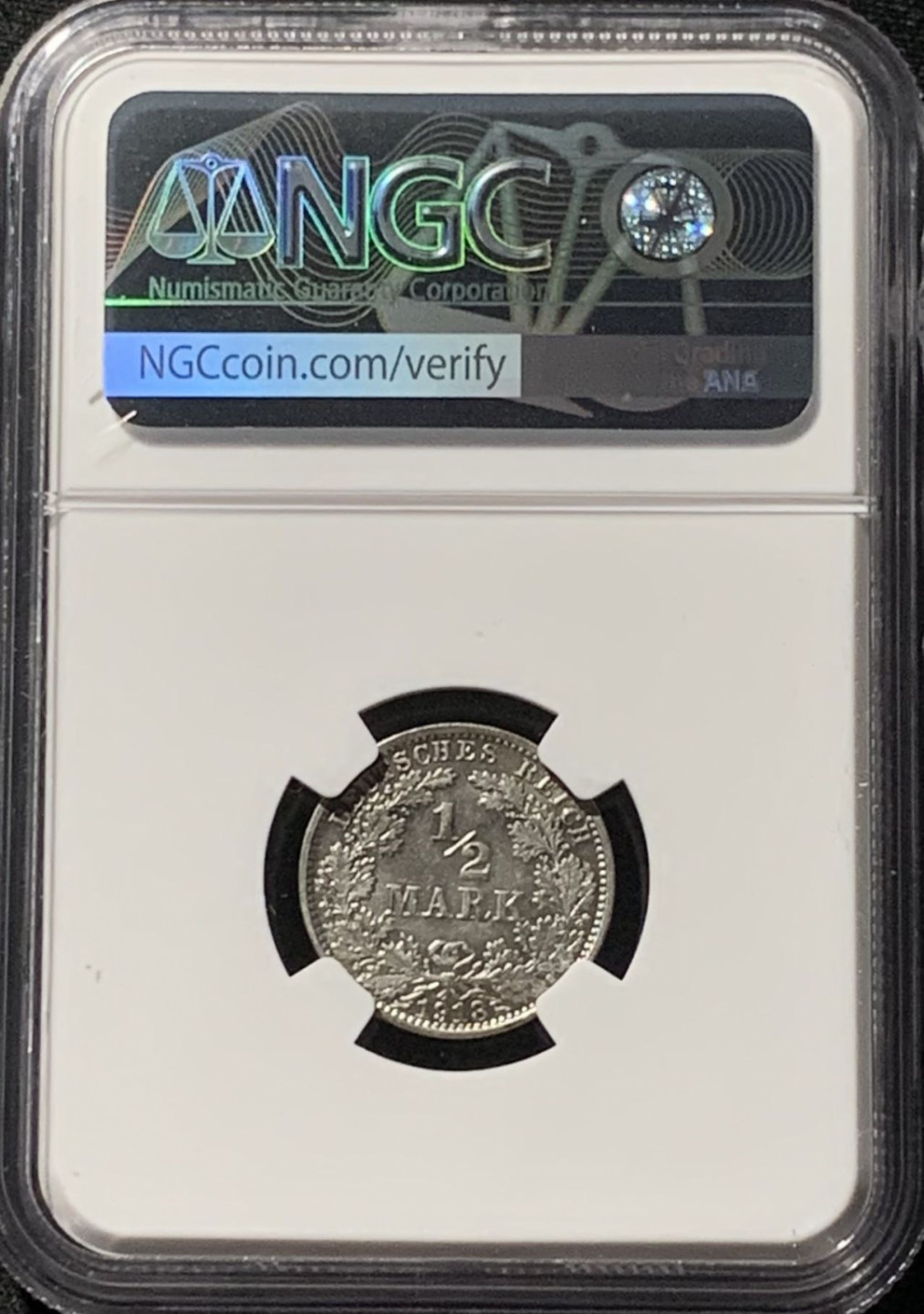 紫瑗钱币——第158期拍卖 德国 1918年 A版 第二帝国 1/2马克 银币 NGC MS62