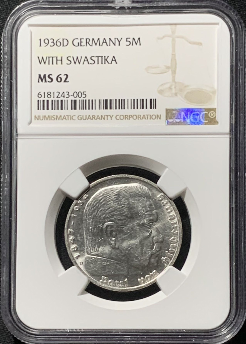 紫瑗钱币——第158期拍卖 德国 1936年 D版 兴登堡 字符版 5马克 银币 NGC MS62