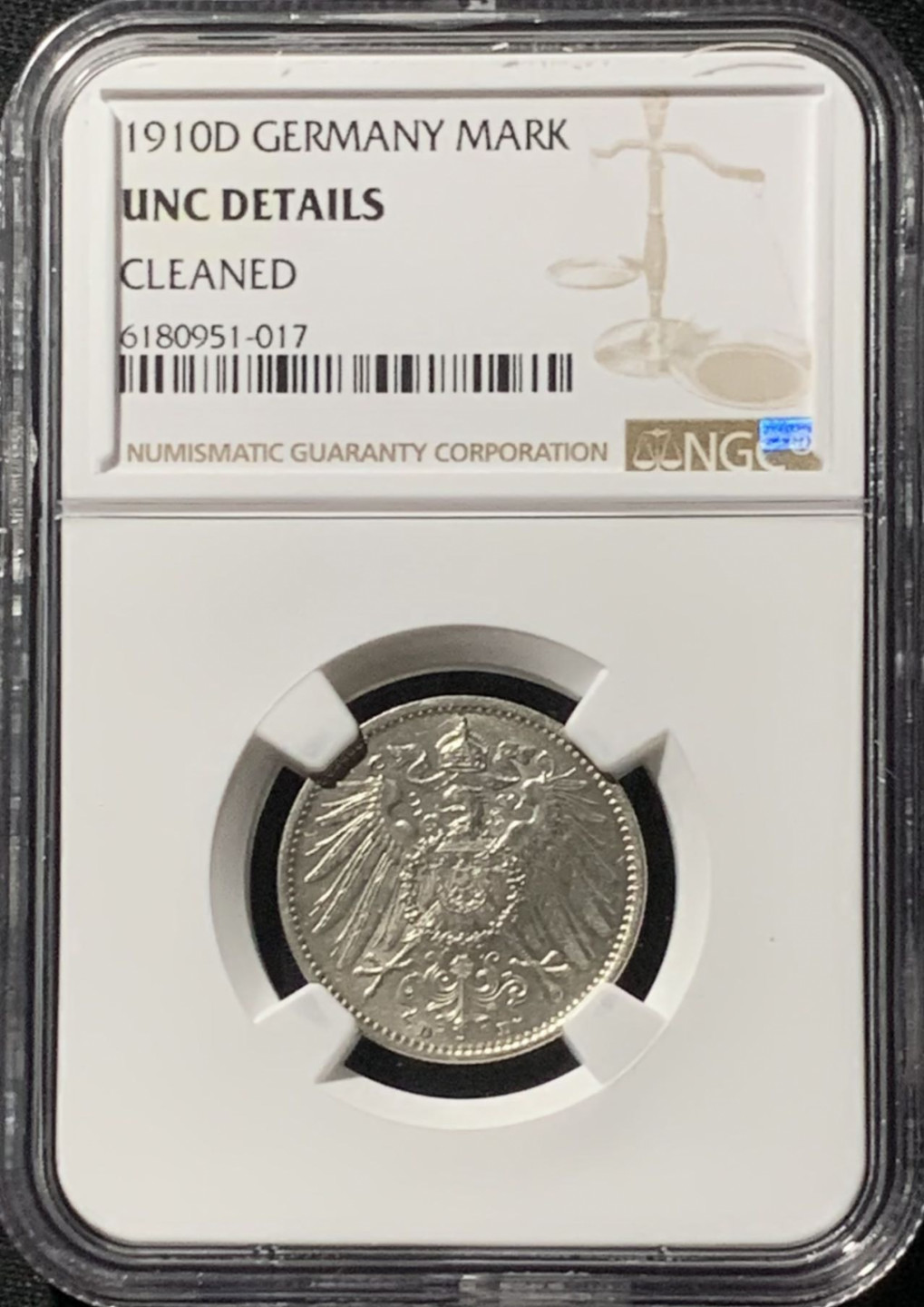 紫瑗钱币——第158期拍卖 德国 1910年 D版 第二帝国 长翅 1马克 银币 NGC UNC Detail