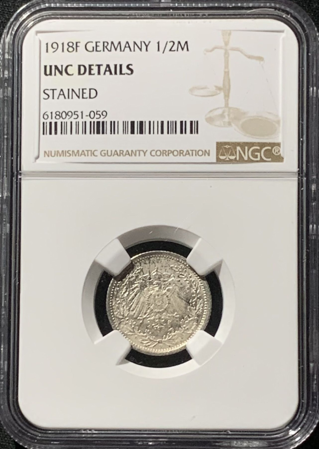 紫瑗钱币——第158期拍卖 德国 1918年 F版 第二帝国 1/2马克 银币 NGC UNC Detail