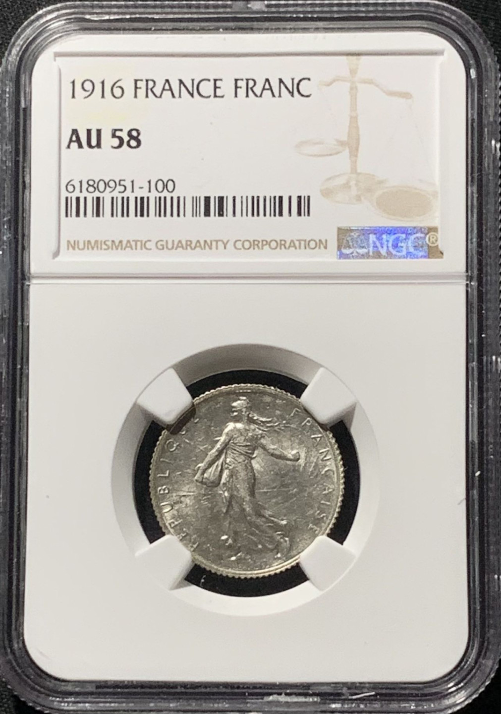 紫瑗钱币——第158期拍卖 法国 1916年 播种女神 1法郎 银币 NGC AU58