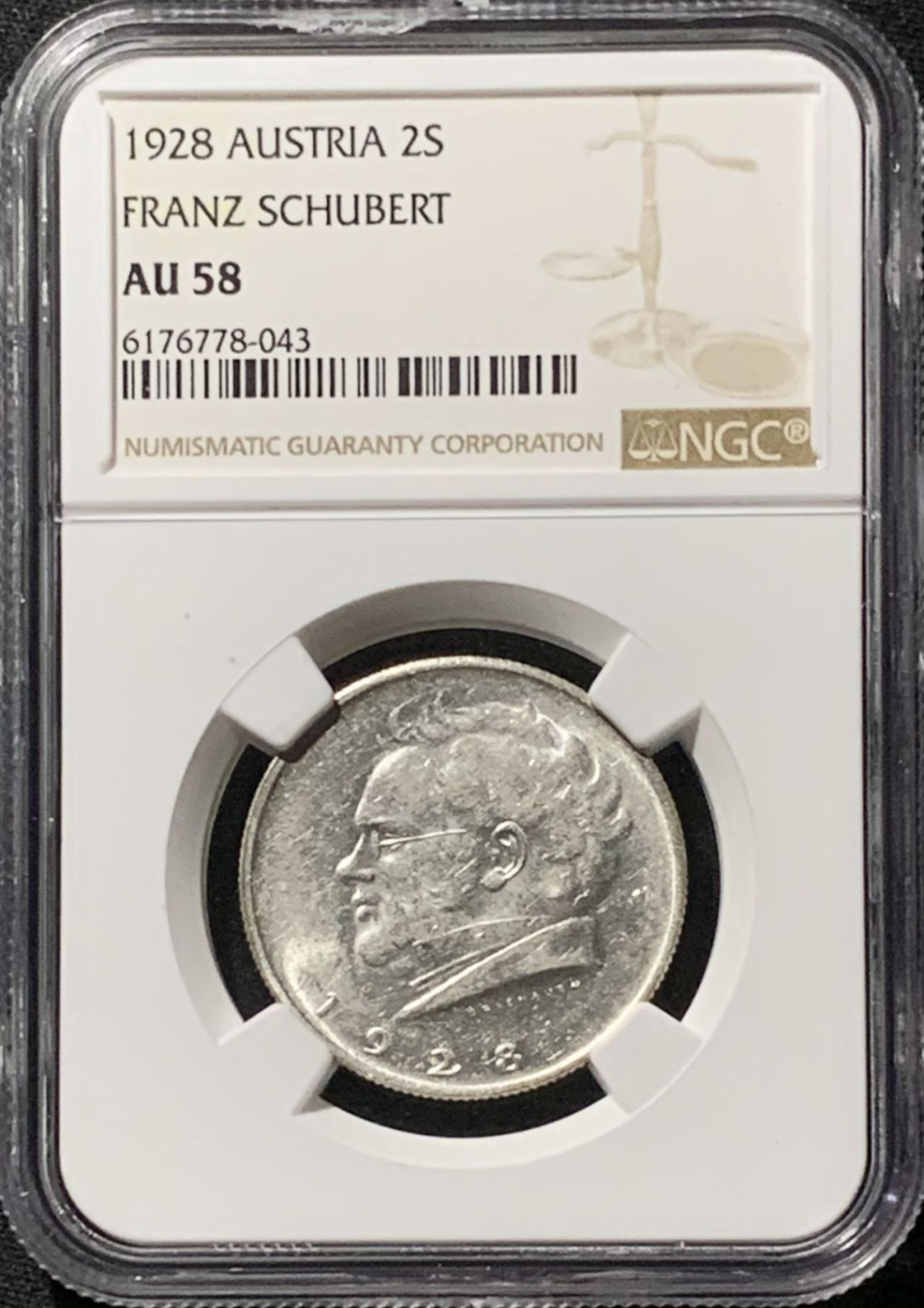 紫瑗钱币——第158期拍卖 奥地利 1928年 舒伯特 2先令 银币 NGC AU58