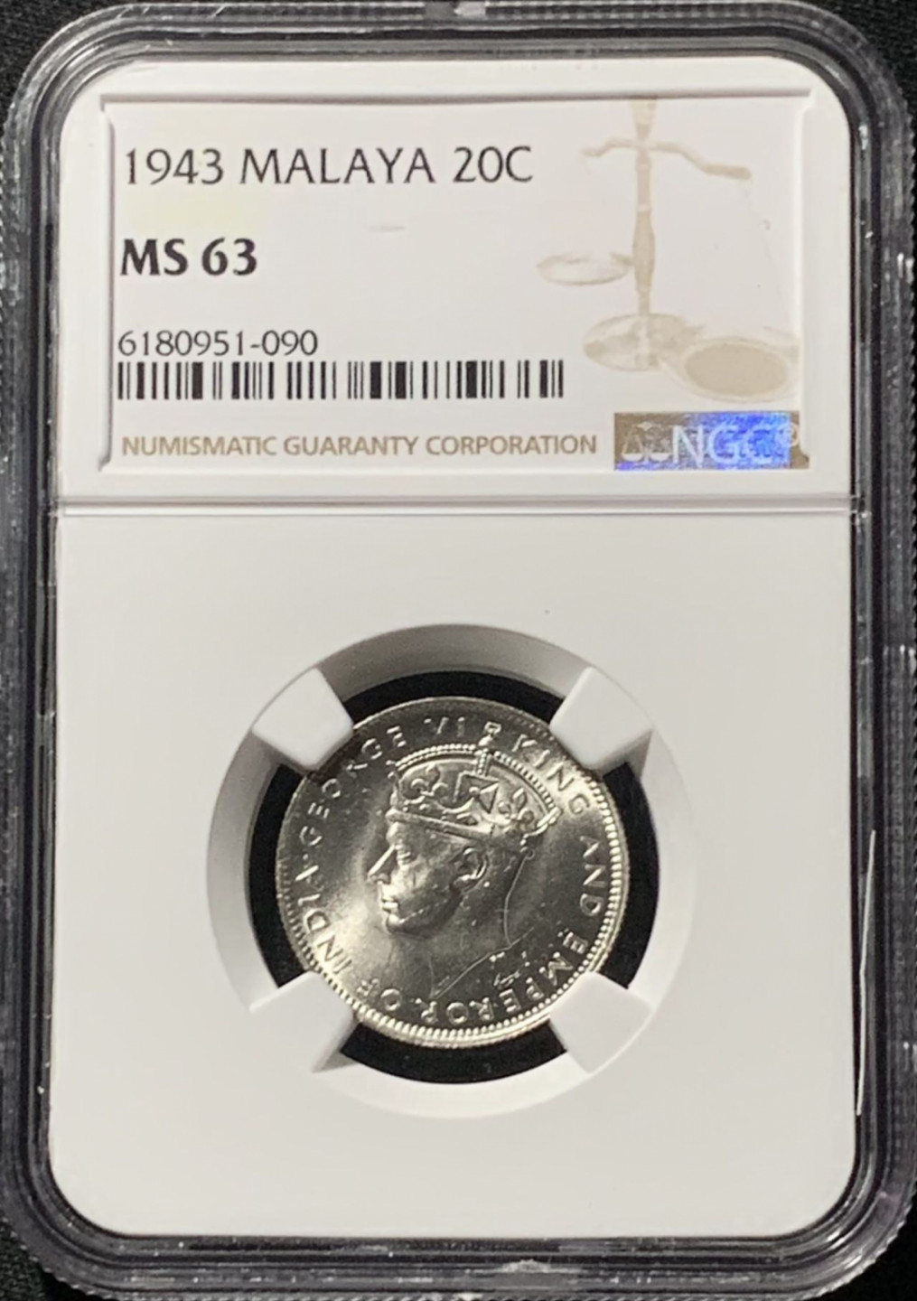 紫瑗钱币——第158期拍卖 马来亚 1943年 乔治六世 20分 银币 NGC MS63